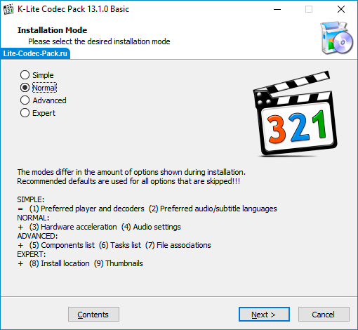 K-Lite Codec Pack — режим установки набора кодеков